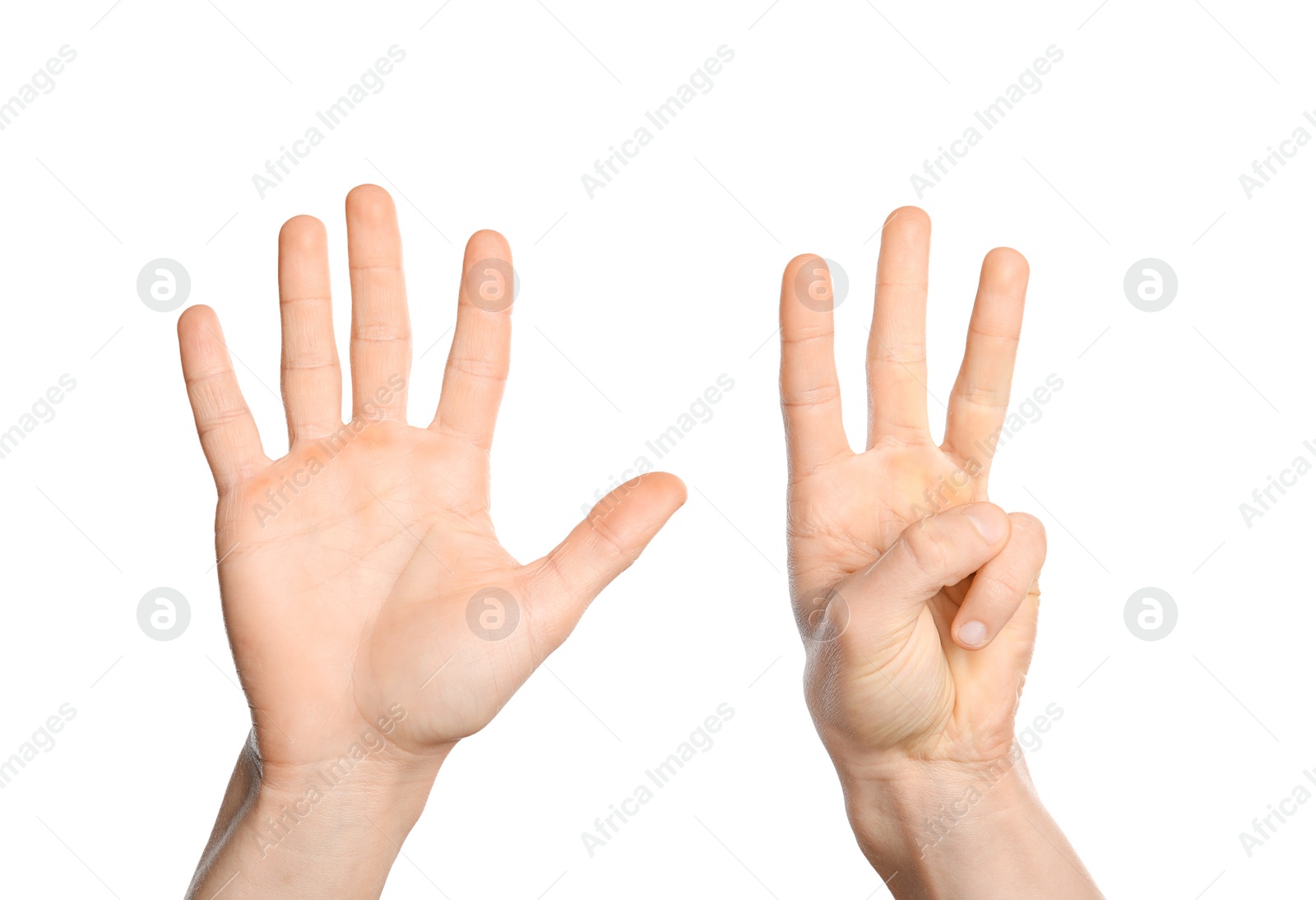 Photo of Man showing sign eight on white background, closeup. Body language