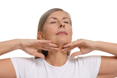 Photo of Beautiful woman touching her neck on white background