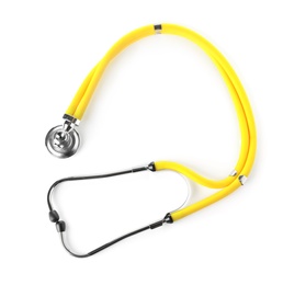 Photo of Stethoscope on white background, top view. Medical device