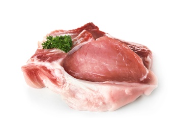 Photo of Raw steaks with parsley on white background. Fresh meat