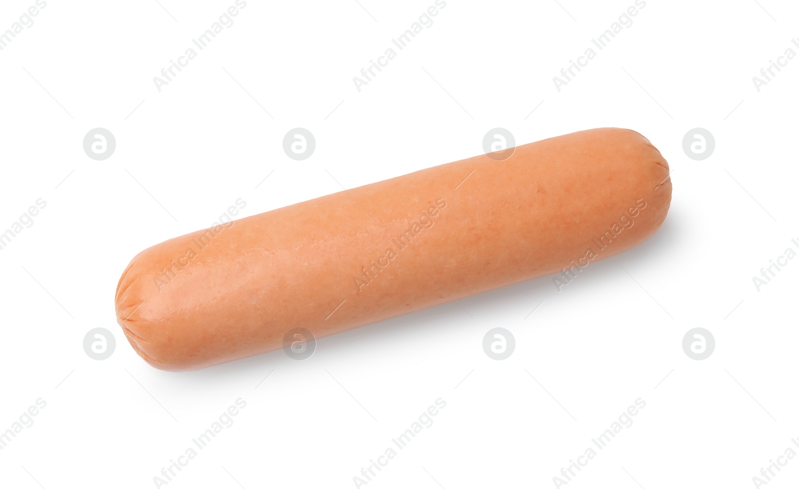 Photo of One delicious boiled sausage isolated on white, top view