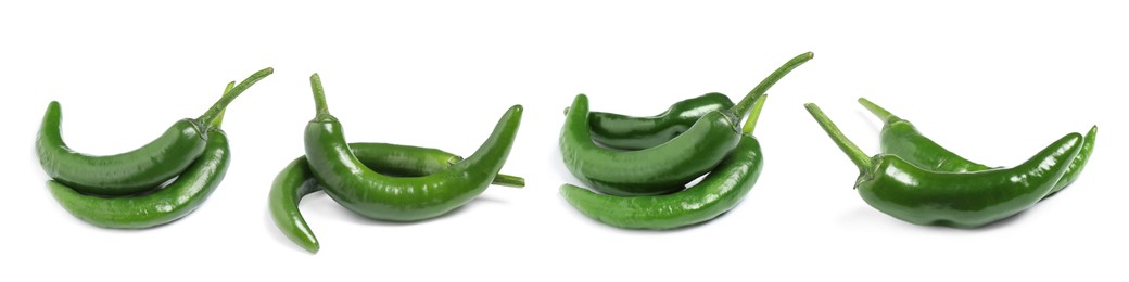 Image of Set with green chili peppers on white background. Banner design 