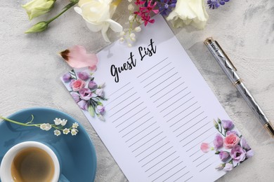 Guest list, coffee, pen and beautiful flowers on light textured table, flat lay. Space for text