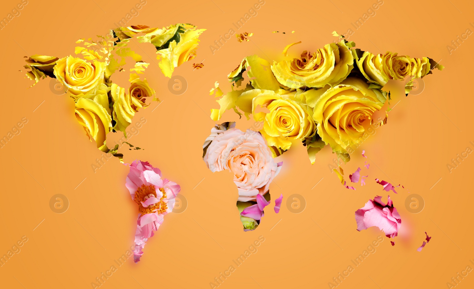 Image of World map made of beautiful flowers on orange background, banner design