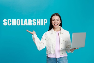 Scholarship concept. Young woman with modern laptop on light blue background