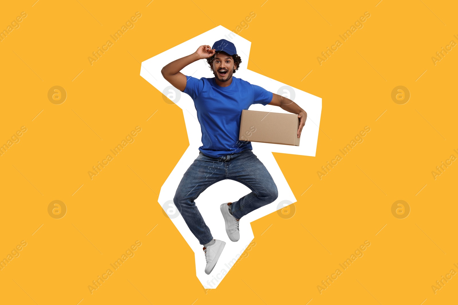 Image of Surprised courier with parcel jumping on orange background