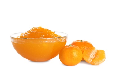 Photo of Bowl of tasty jam and fresh tangerines on white background