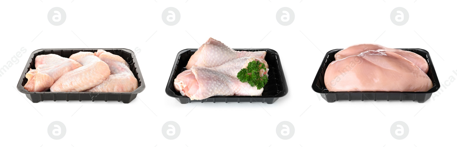 Image of Set of plastic containers with raw meat on white background, banner design 