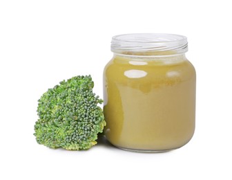 Jar of healthy baby food and fresh broccoli on white background