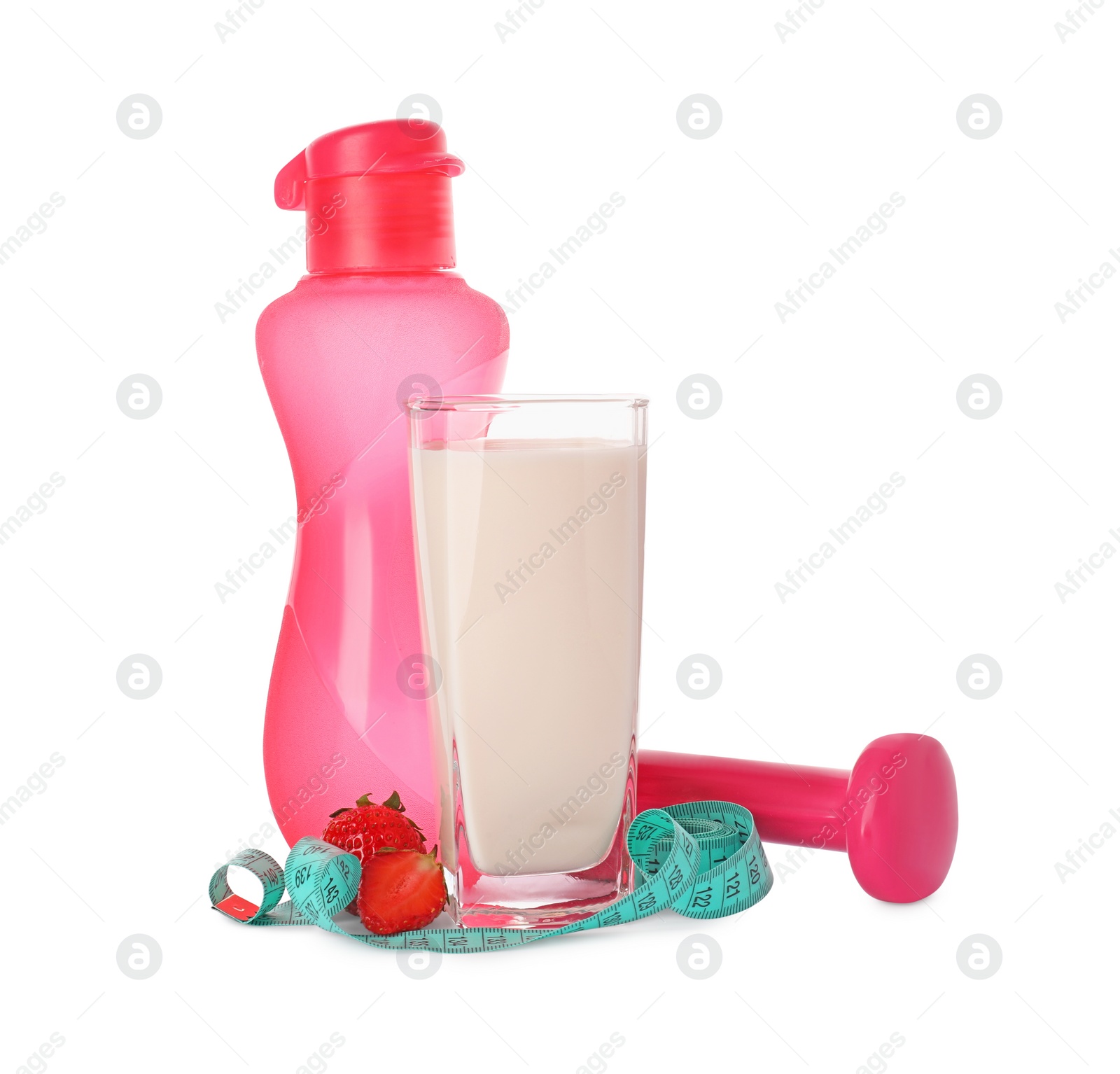 Photo of Tasty shake, strawberries, dumbbell, bottle and measuring tape isolated on white. Weight loss