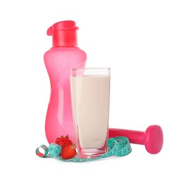 Tasty shake, strawberries, dumbbell, bottle and measuring tape isolated on white. Weight loss