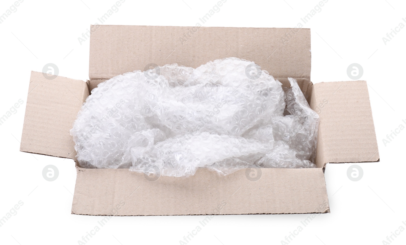 Photo of Transparent bubble wrap in cardboard box isolated on white