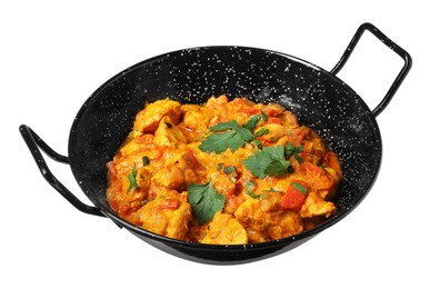 Delicious chicken curry in frying pan isolated on white