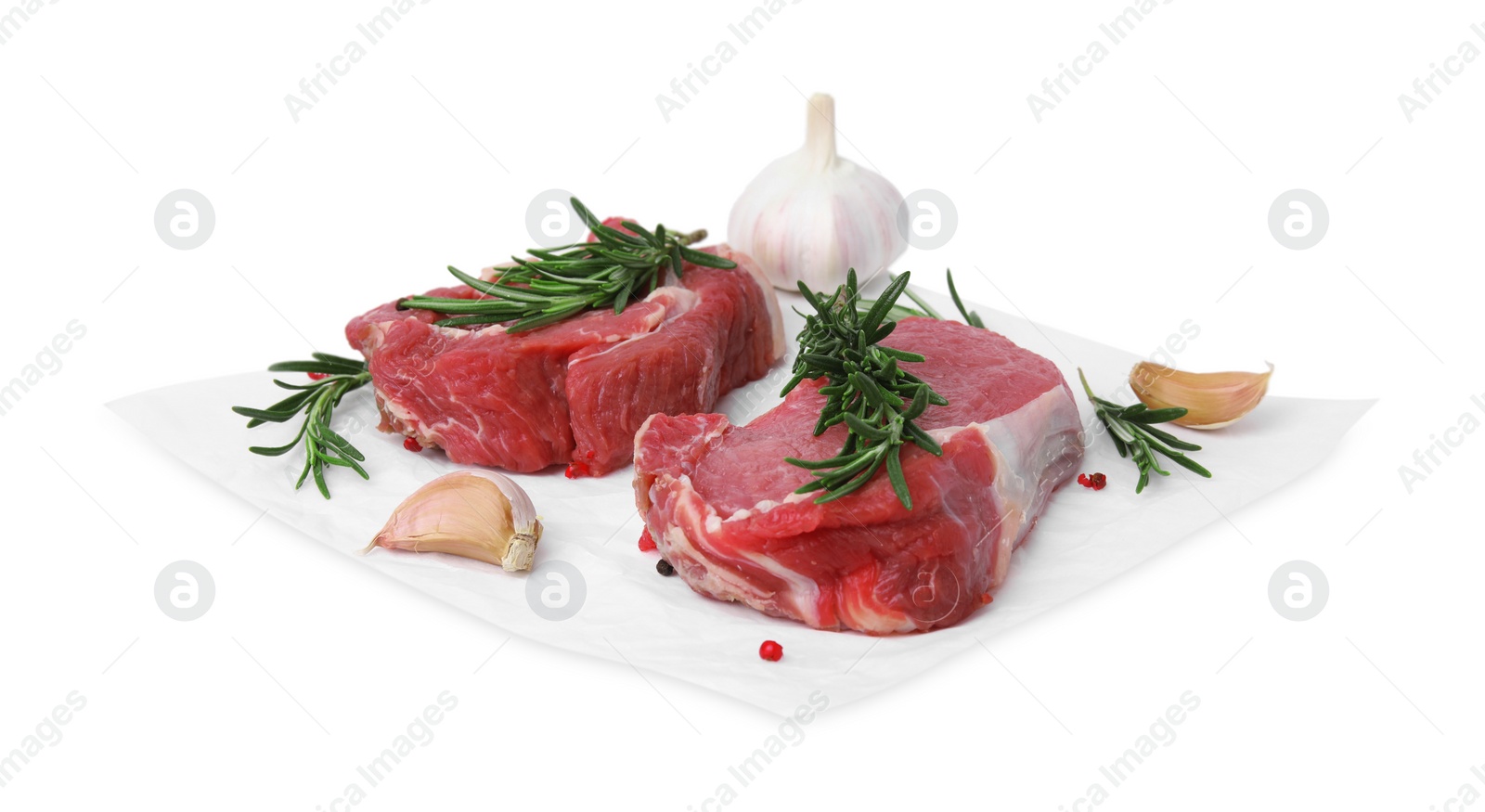 Photo of Fresh raw meat with rosemary and spices isolated on white