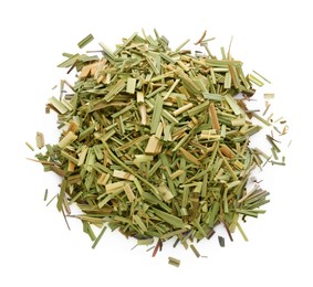 Photo of Pile of aromatic dried lemongrass isolated on white, top view