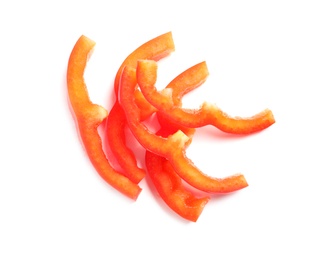 Photo of Slices of ripe red bell pepper on white background