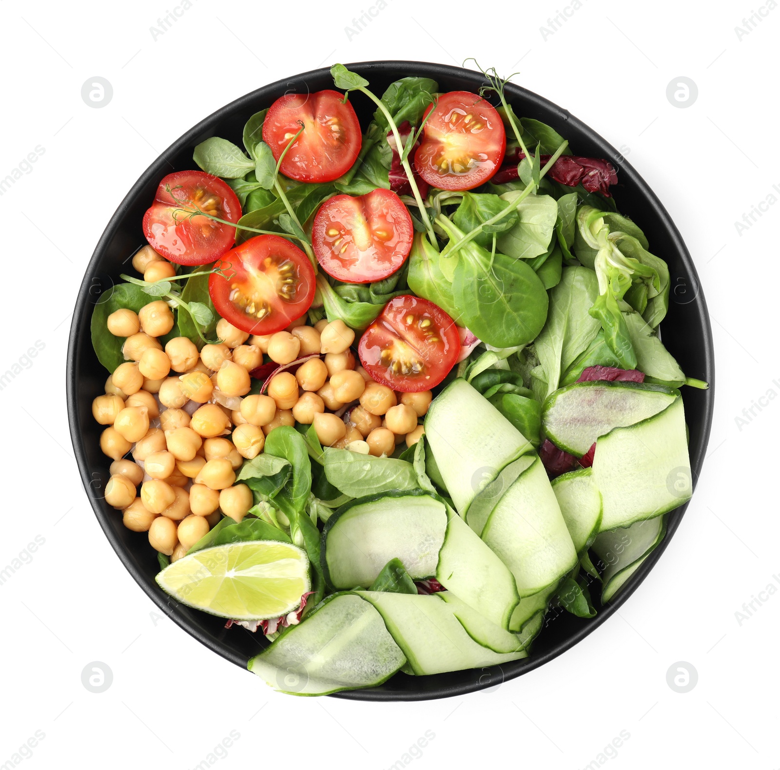 Photo of Tasty salad with chickpeas, cherry tomatoes and cucumbers isolated on white, top view