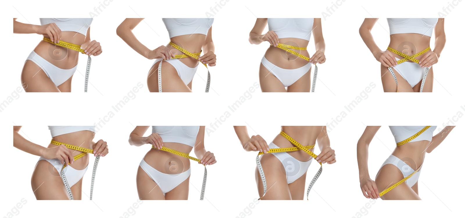 Image of Collage with photos of young woman with measuring tape on white background, closeup. Banner design 