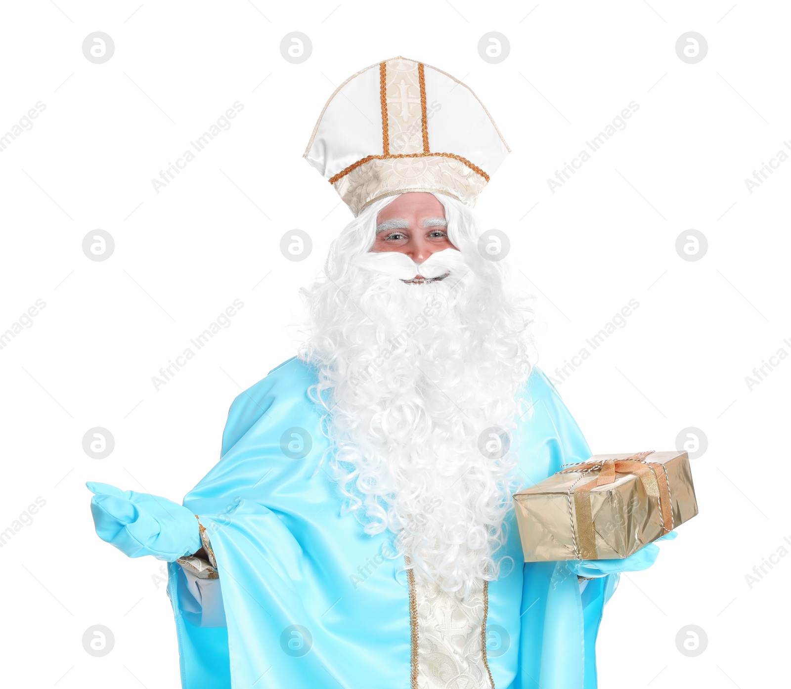 Photo of Portrait of Saint Nicholas with present on white background