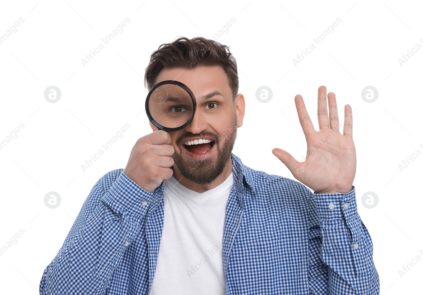 Photo of Happy man looking through magnifier on white background