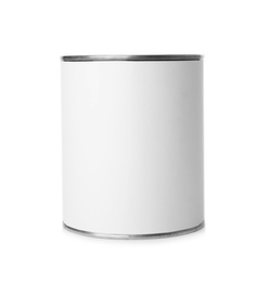 Photo of Paint can on white background. Mockup for design