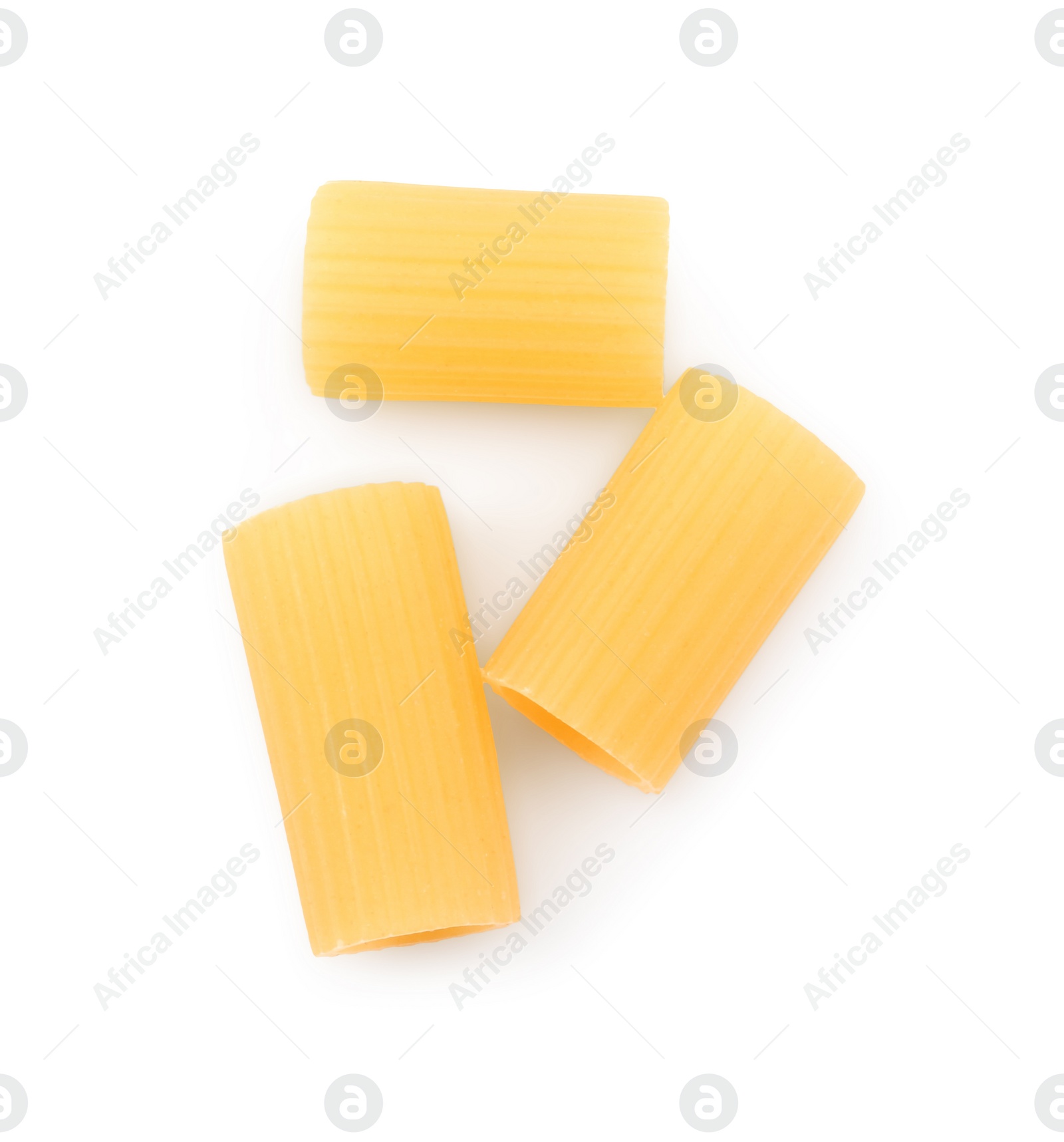 Photo of Raw rigatoni pasta isolated on white, top view