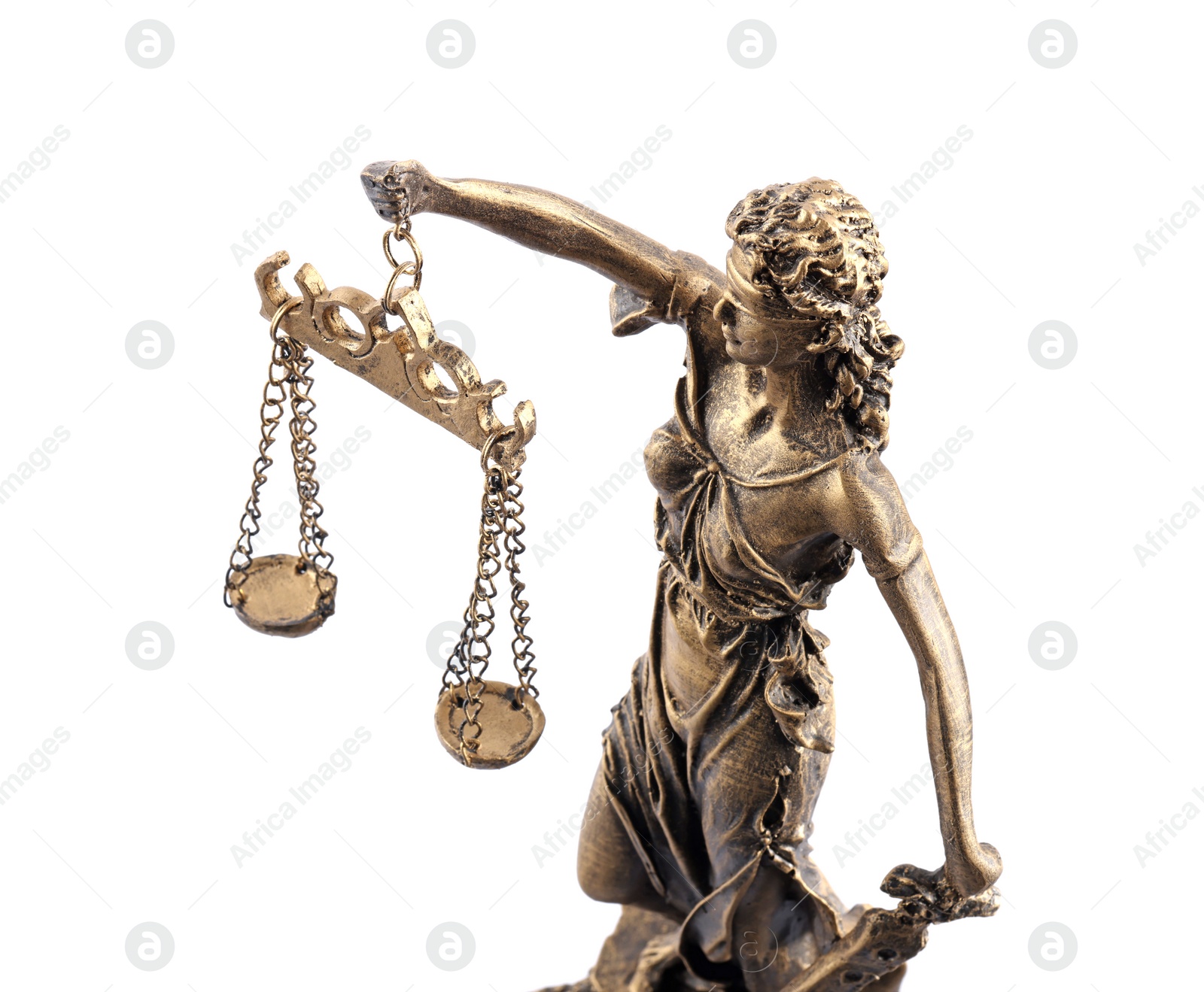 Photo of Statue of Lady Justice isolated on white, above view. Symbol of fair treatment under law