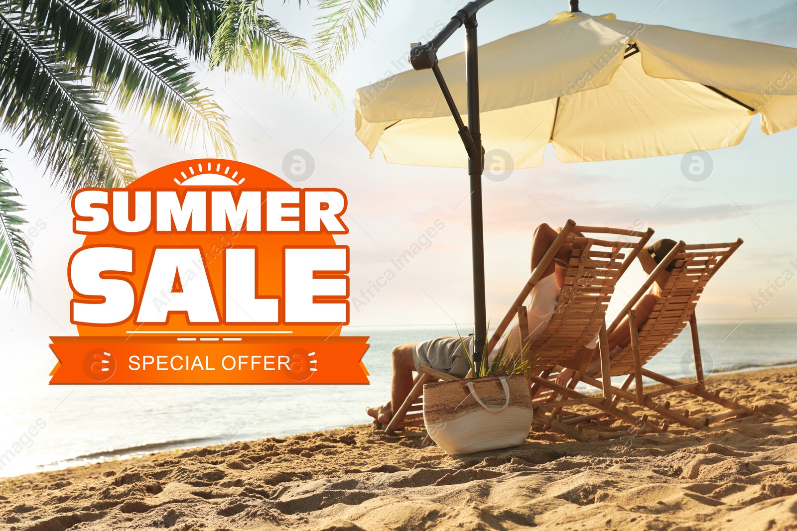 Image of Hot summer sale flyer design. Couple resting on sandy beach near sea and text