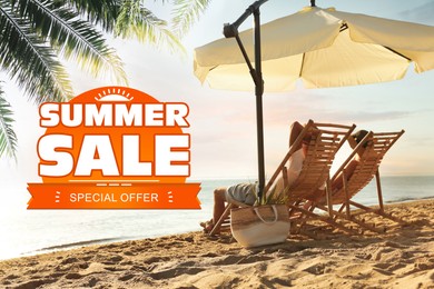 Hot summer sale flyer design. Couple resting on sandy beach near sea and text