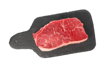 Photo of Board with steak of raw beef meat isolated on white, top view