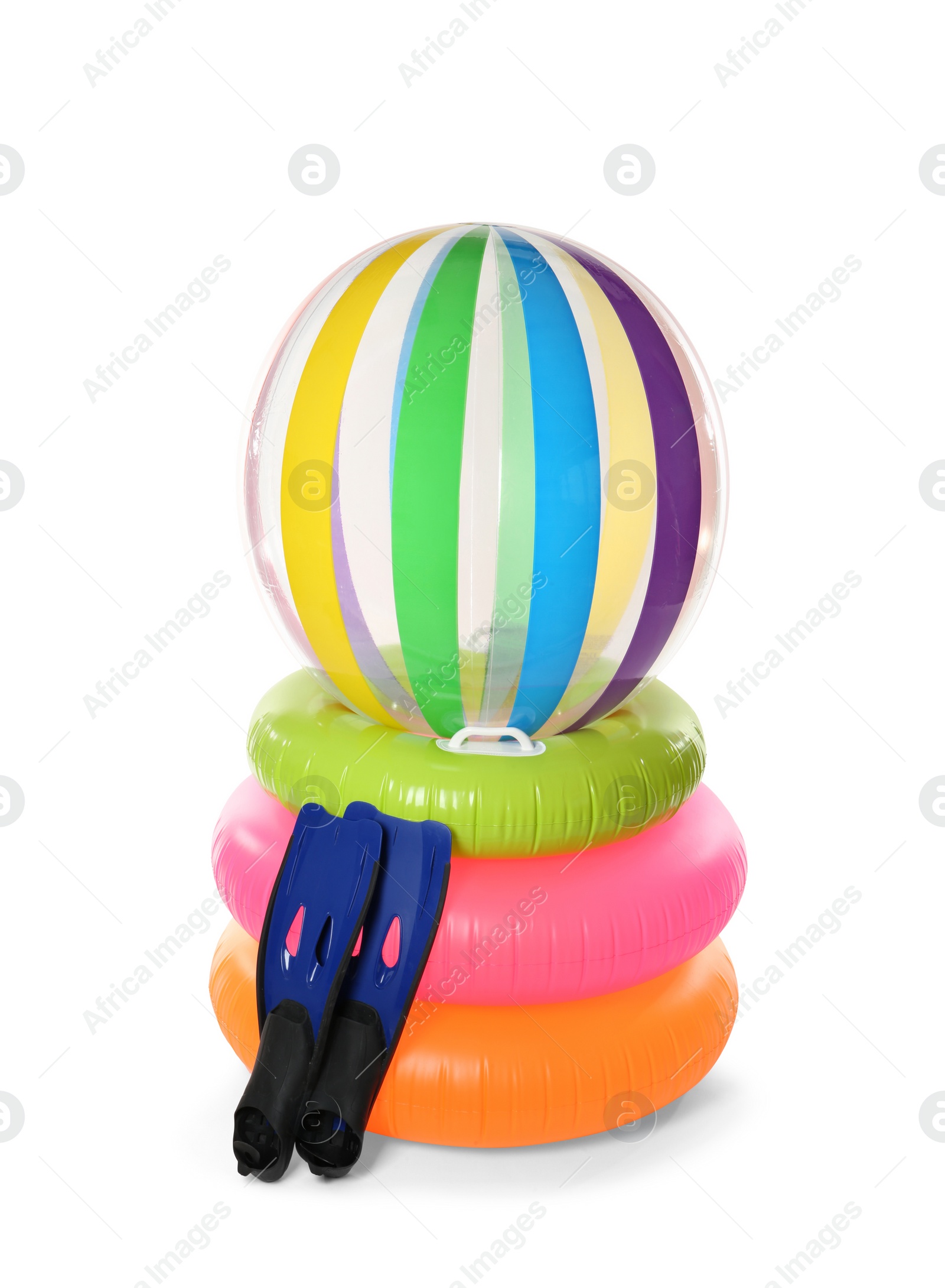 Photo of Inflatable rings and beach accessories on white background. Summer holidays