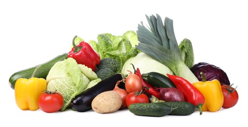 Photo of Heap of fresh ripe vegetables on white background