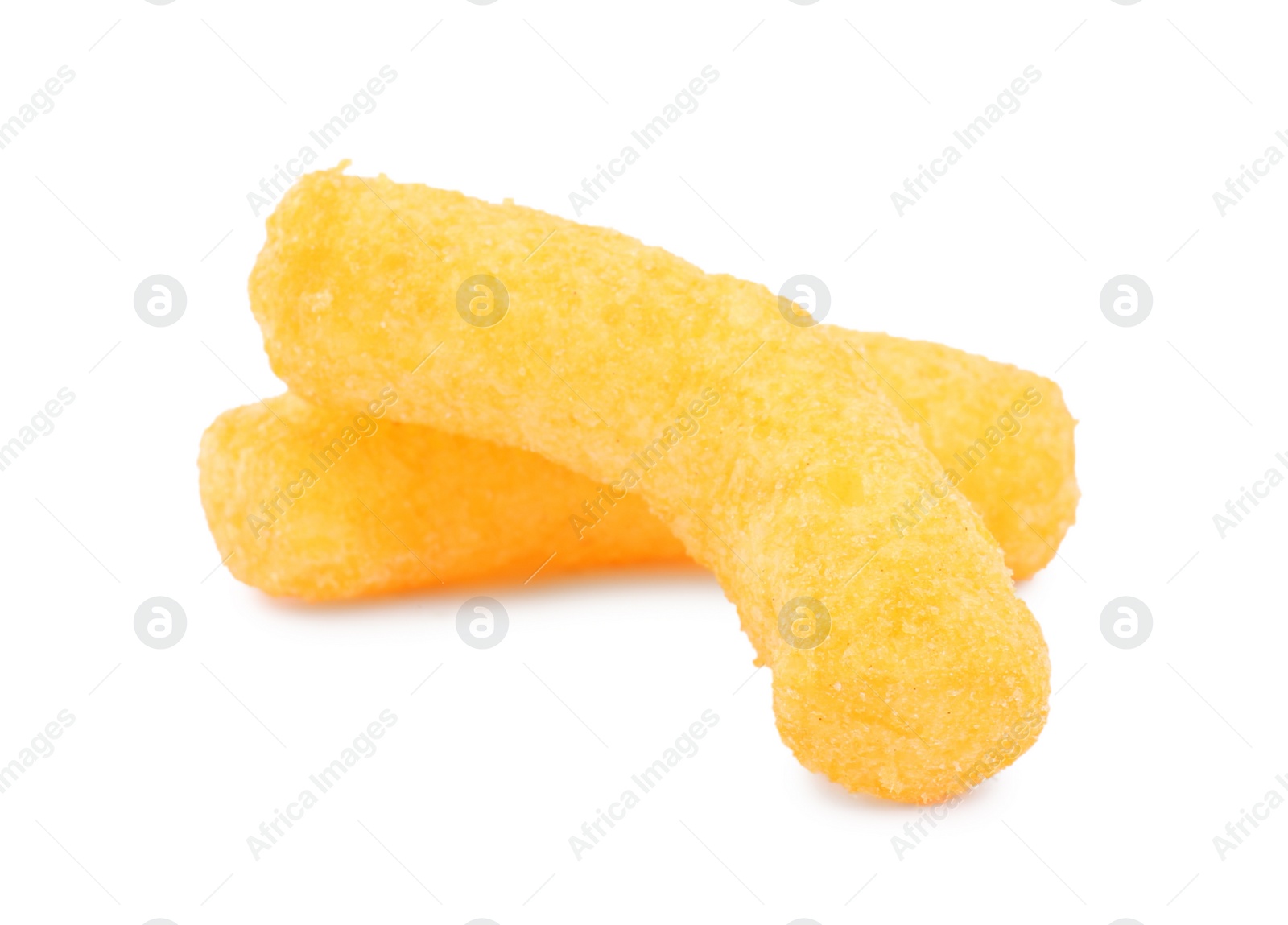 Photo of Two tasty cheesy corn puffs isolated on white