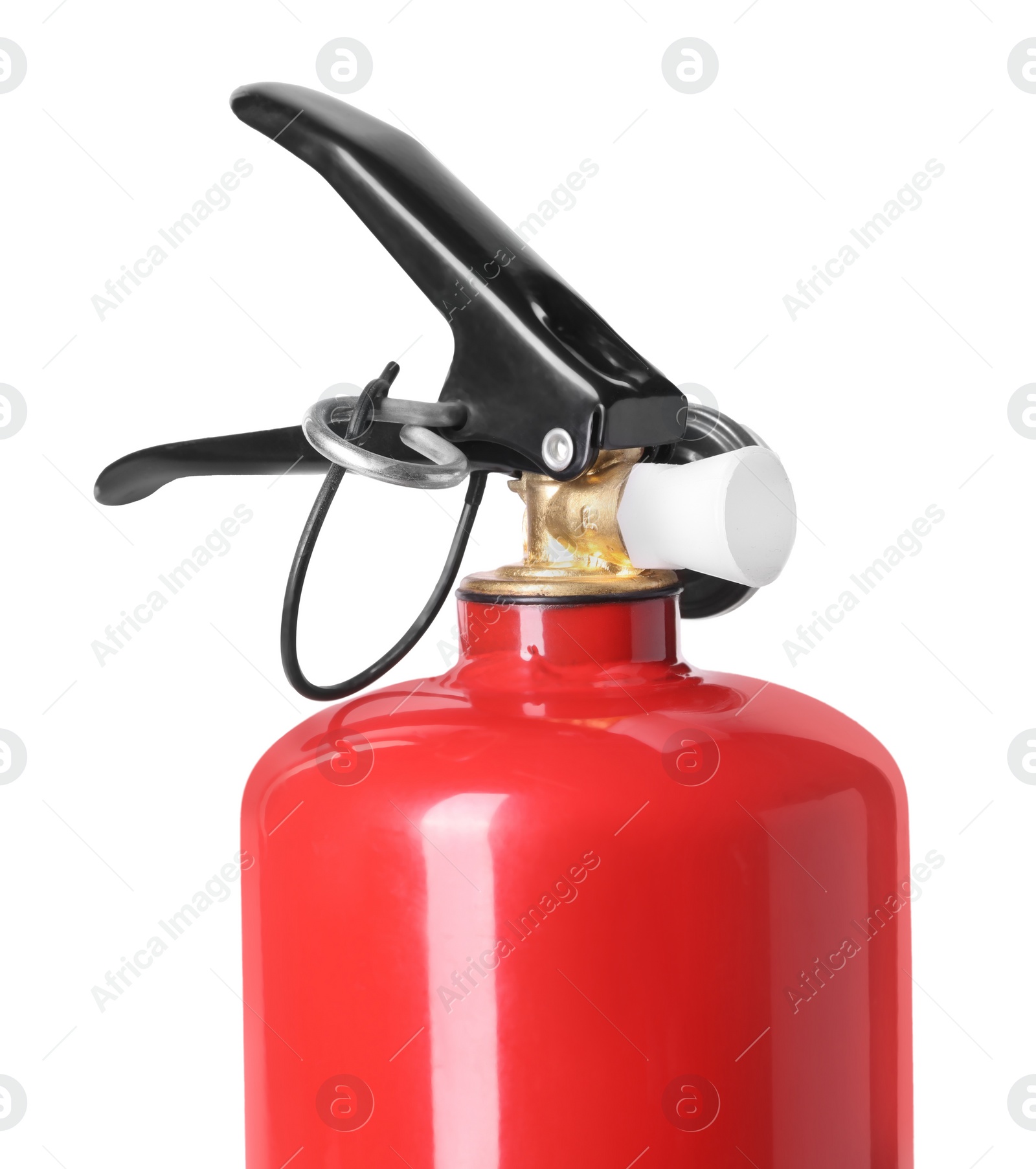 Photo of One red fire extinguisher on white background