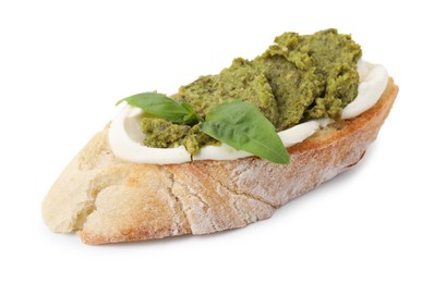 Tasty bruschetta with cream cheese, pesto sauce and fresh basil isolated on white