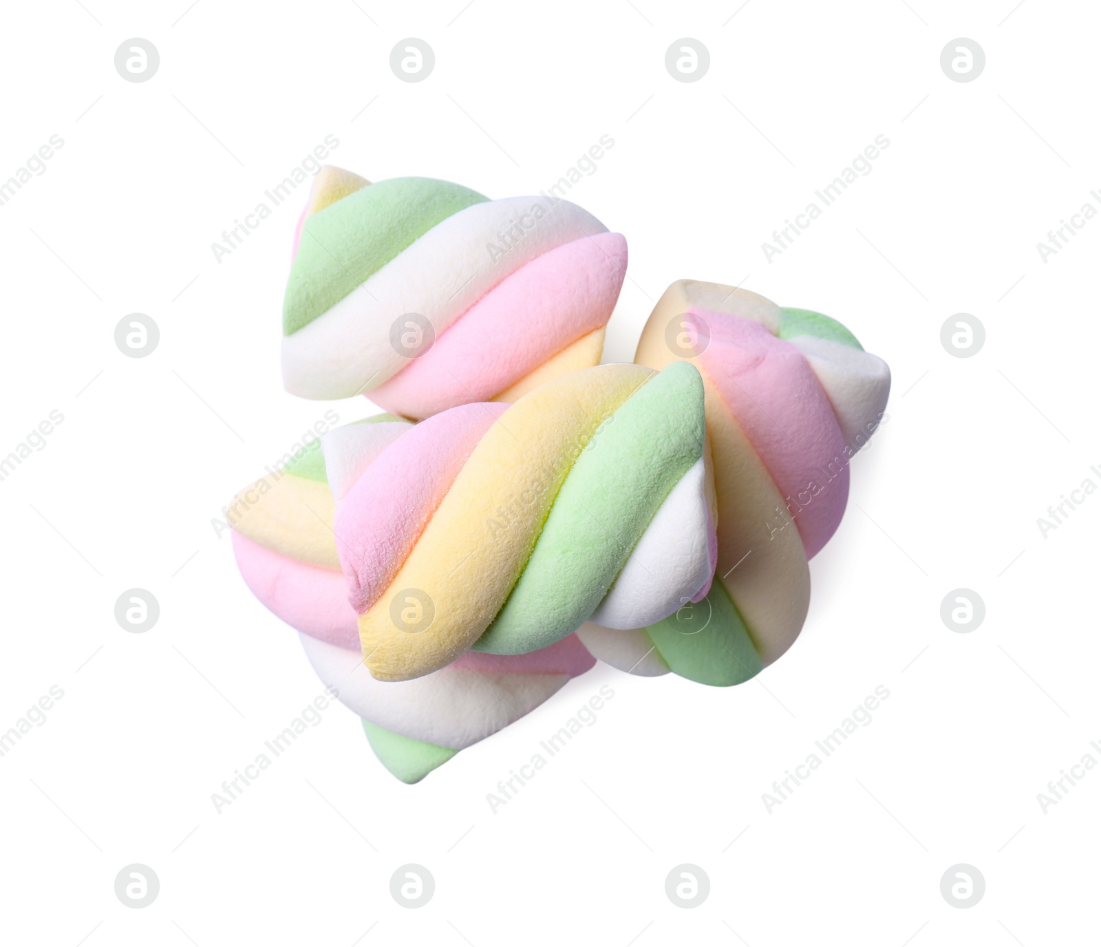 Photo of Delicious colorful marshmallows on white background, top view