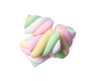 Delicious colorful marshmallows on white background, top view