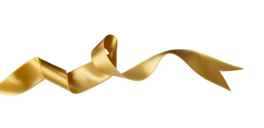 Photo of Beautiful golden ribbon isolated on white, top view