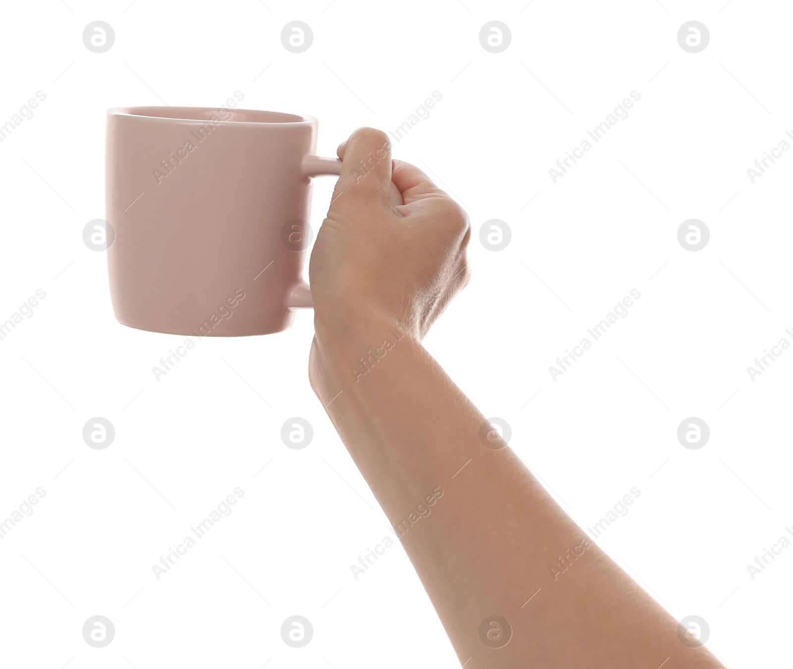 Photo of Woman holding elegant beige cup on white background, closeup