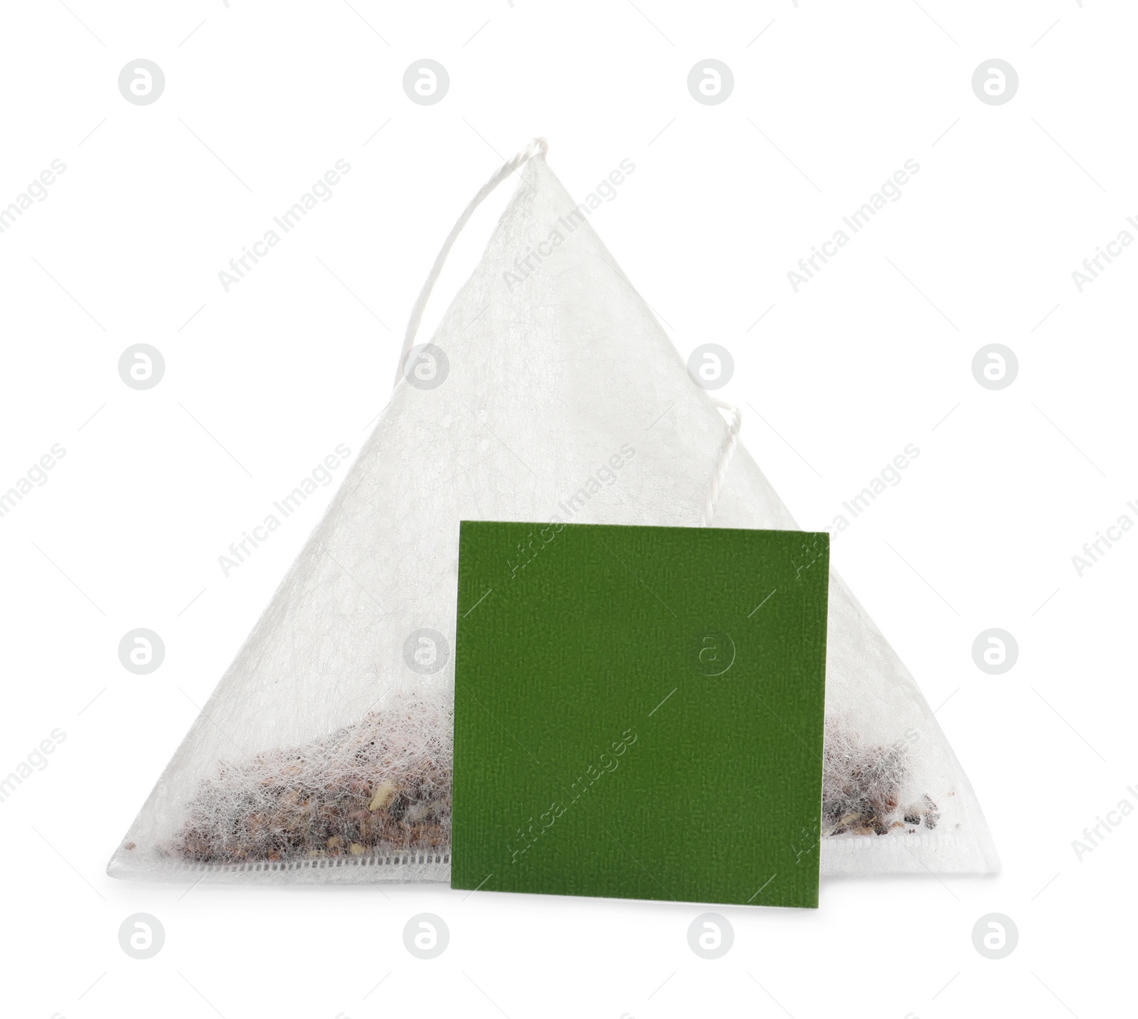 Photo of New pyramid tea bag isolated on white