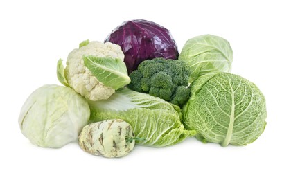 Photo of Many different fresh ripe cabbages on white background