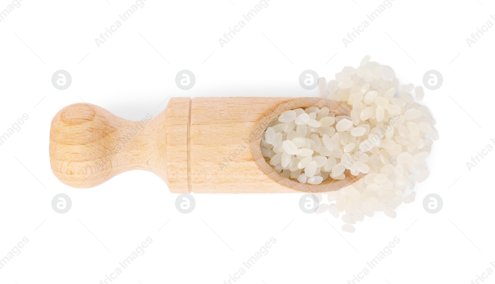 Photo of Scoop with raw rice isolated on white, top view