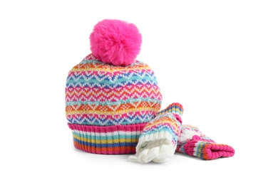 Photo of Warm knitted hat and mittens on white background