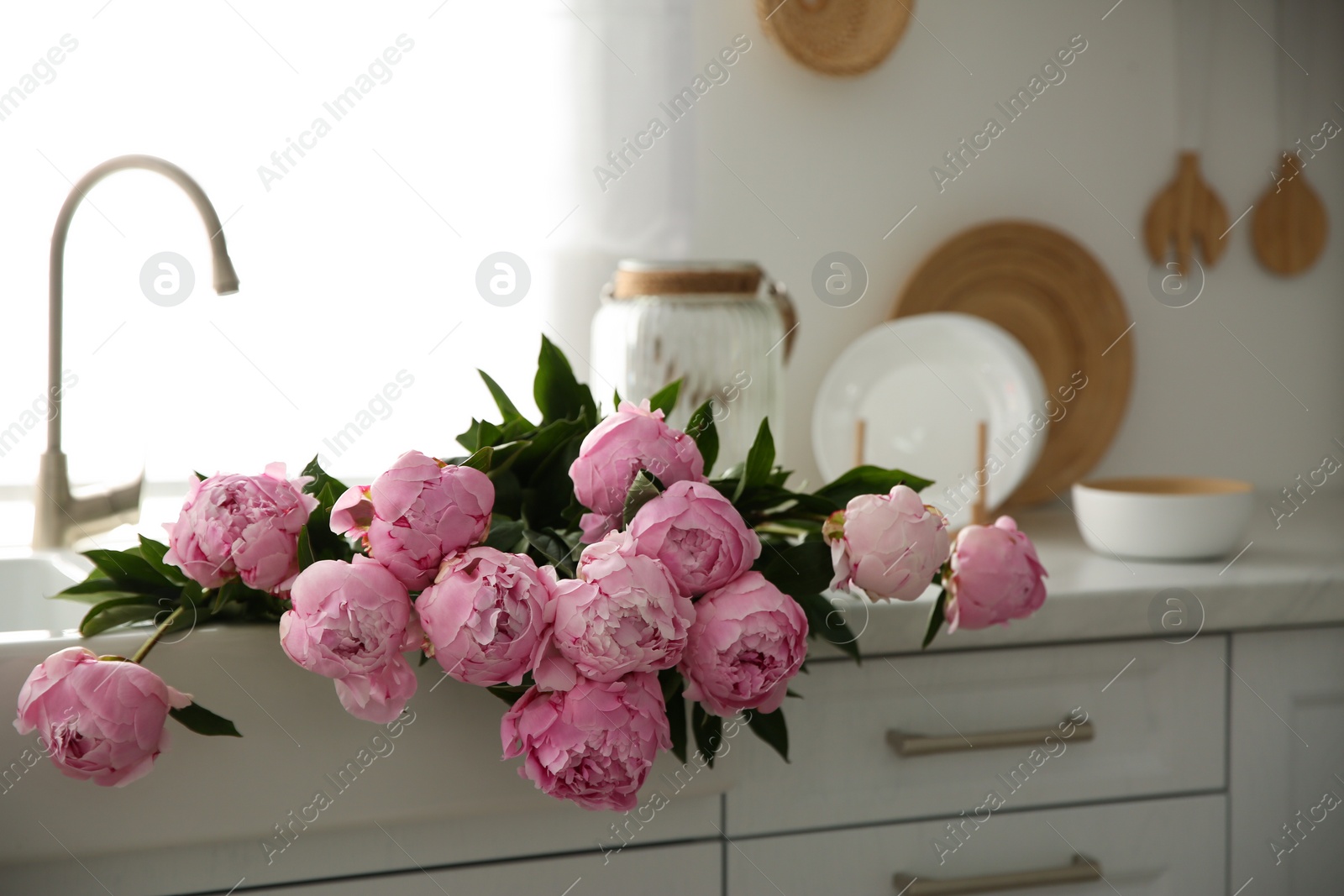 Photo of Bouquet of beautiful pink peonies in kitchen sink