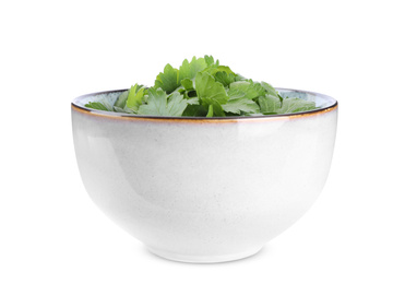 Fresh green parsley in bowl isolated on white