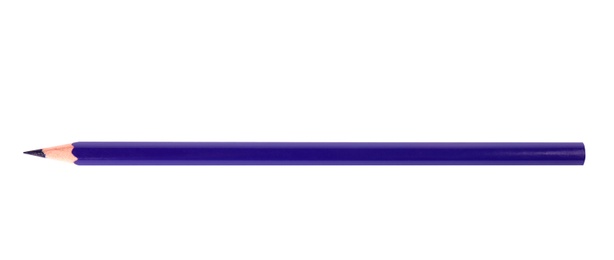 Photo of Purple wooden pencil on white background, top view. School stationery