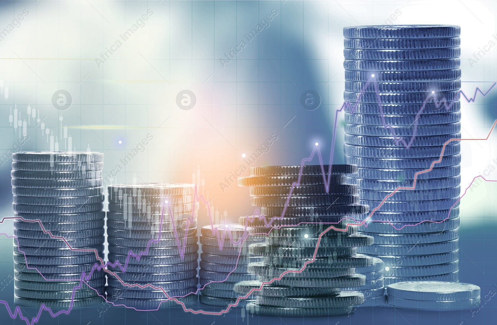 Image of Investment concept. Stacks of coins and charts