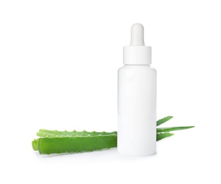 Bottle with aloe vera extract and fresh leaves on white background