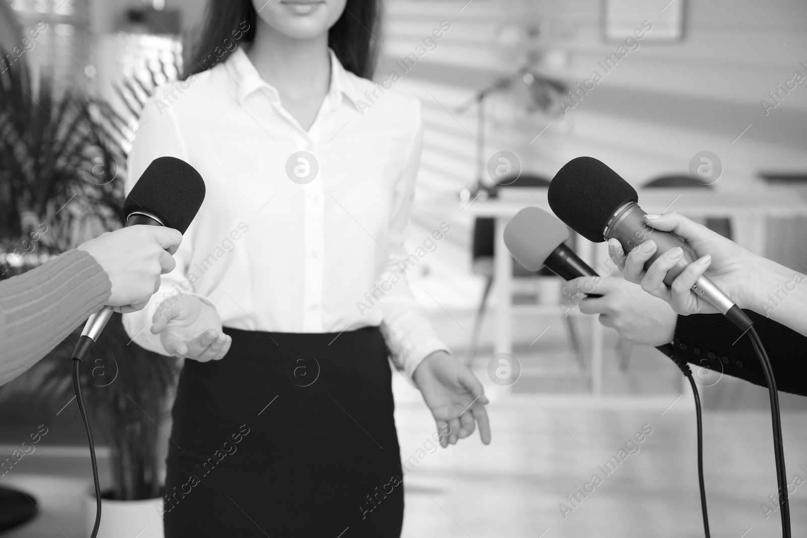 Image of Businesswoman giving interview to journalists indoors, closeup. Black and white effect