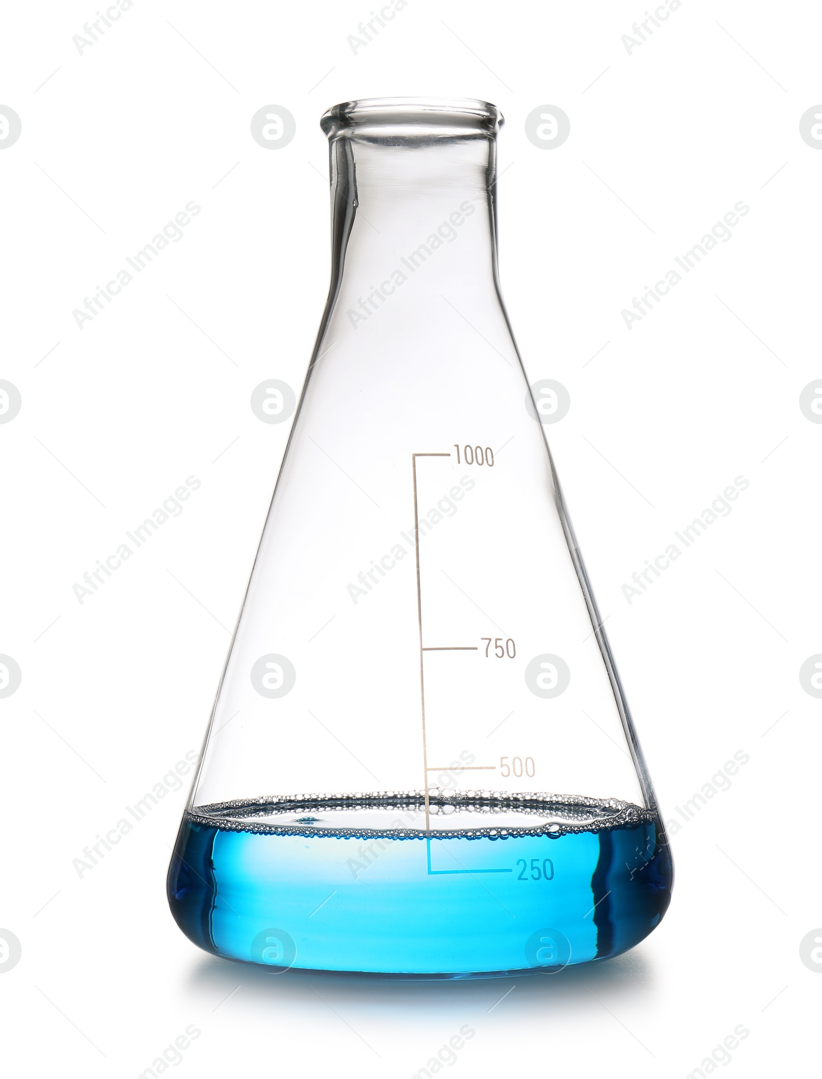 Photo of Conical flask with sample isolated on white. Chemistry laboratory glassware